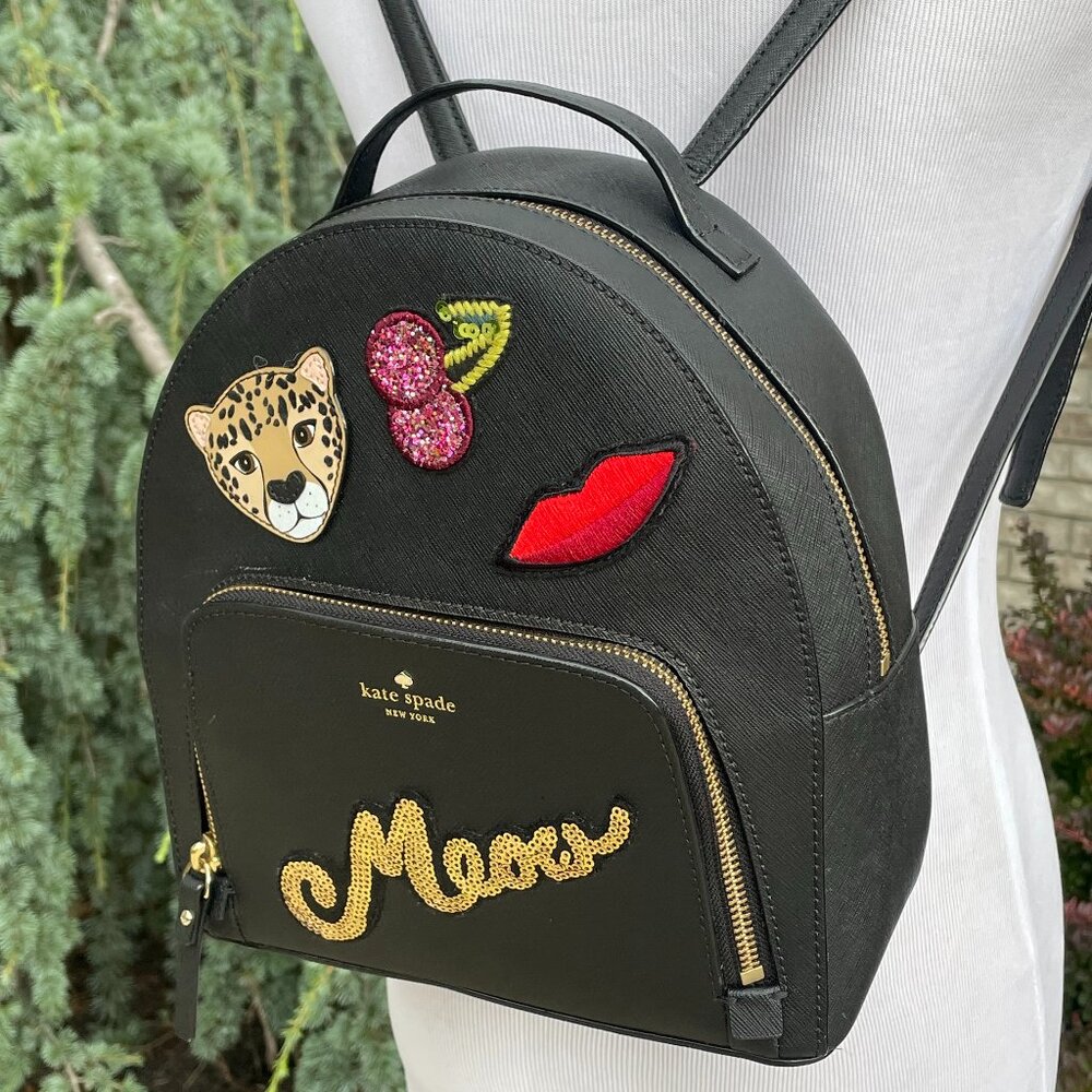 KATE SPADE RUN WILD LEOPARD TOMI TOP HANDLE BACKPACK BLACK LEATHER PREPPY NEW